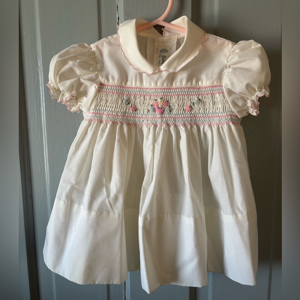 Vintage Heirloom Smocked Baby Togs Easter Dress • Floral Embroidery• 6-9M